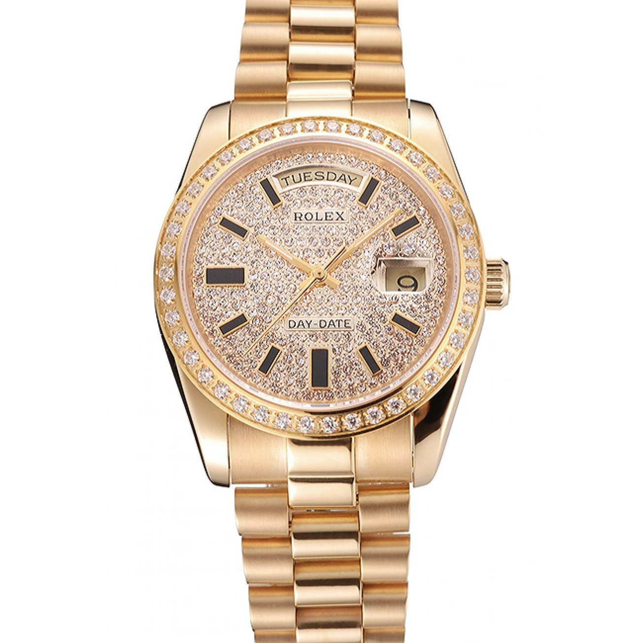 Aaa replica watch Pave And Day Case Bezel Date Bracelet Swiss Diamond Rolex Dial Gold And 0726